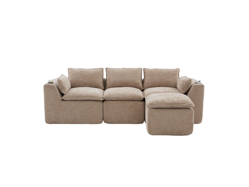 Canapé 3 places modulable en tissu chenille kaki avec pouf - mousse et ressorts - 256x161x75cm - Conforama A