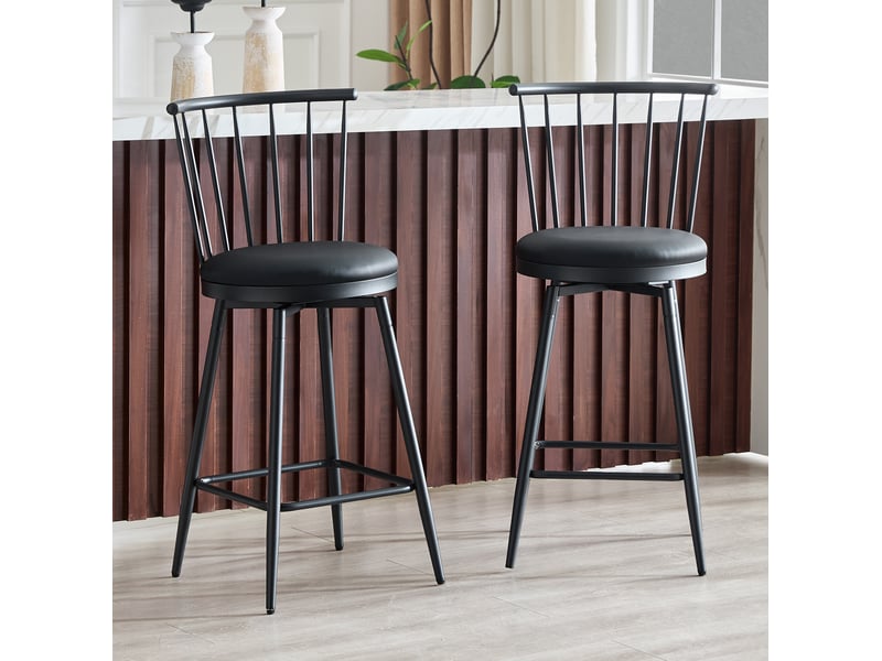  Tabouret de bar en style windsor avec assise rembourrée et repose-pieds, design industriel, en pu, noir  - Conforama B