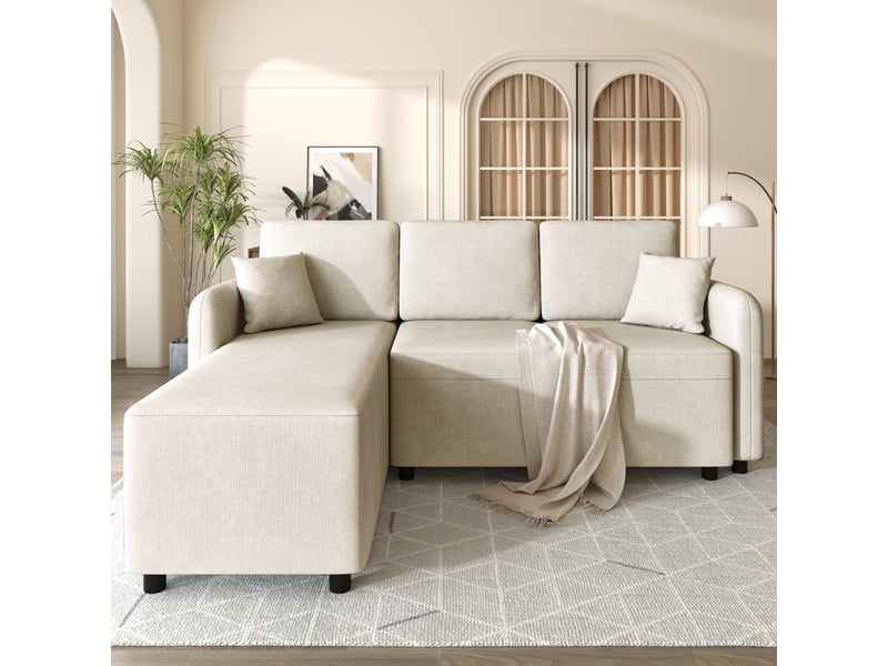 Canapé d'angle 3 places en l avec méridienne longue 144 cm - chenille douce, 2 coussins inclus - Conforama B