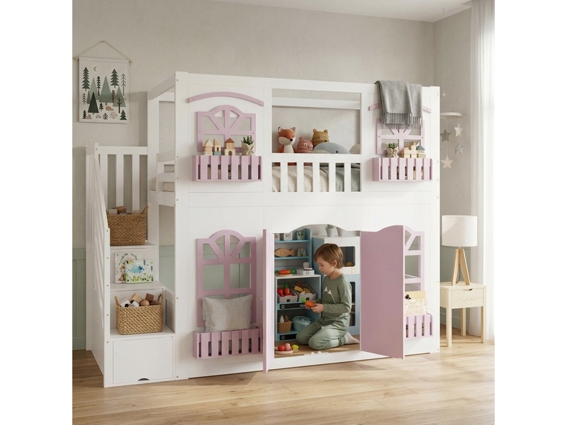 Lit mezzanine enfant 90x200 cm, escalier rangement, fenêtres en acrylique, bois et mdf, blanc et rose, sans matelas - Conforama E