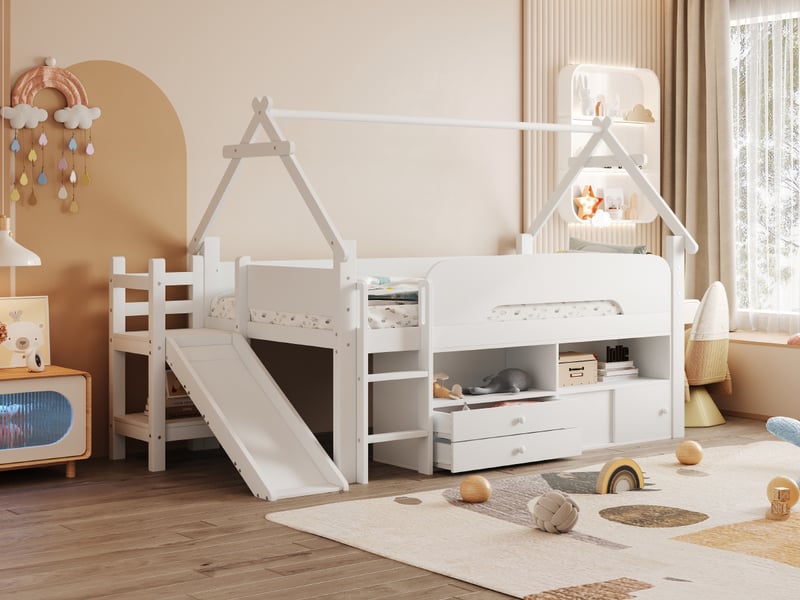  Lit mezzanine enfant 90x200 cm, cadre en forme de toit, toboggan, tiroirs, barrière, blanc  - Conforama B