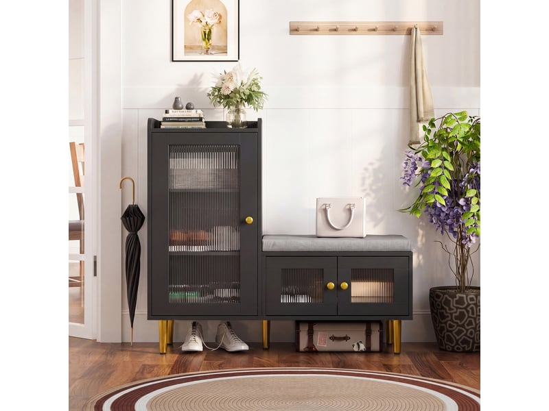  Meuble à chaussures - 100x35x90cm - banc d'entrée avec assise rembourrée, étagères ajustables, portes en verre flûté - noir  - Conforama D