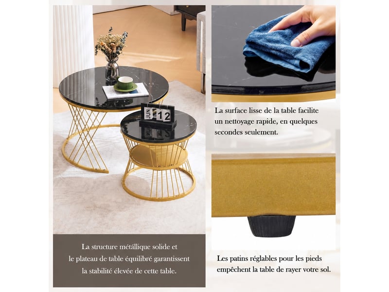 Lot de 2 tables basses rondes gigognes, effet marbre, structure métal, noir et doré - Conforama D