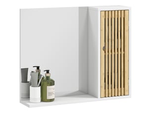 Miroir de salle de bain mural 60 x 50 cm avec étagères de rangement intégrées et porte à lattes en bambou, blanc et naturel