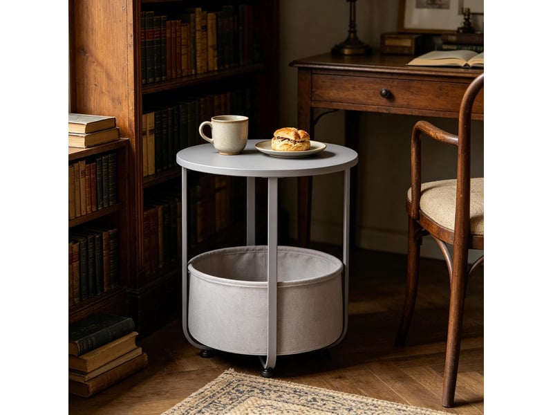  Table basse avec panier de rangement et structure en métal, plateau rond mélaminé pour salon gris 45 × 45 × 50 cm  - Conforama E