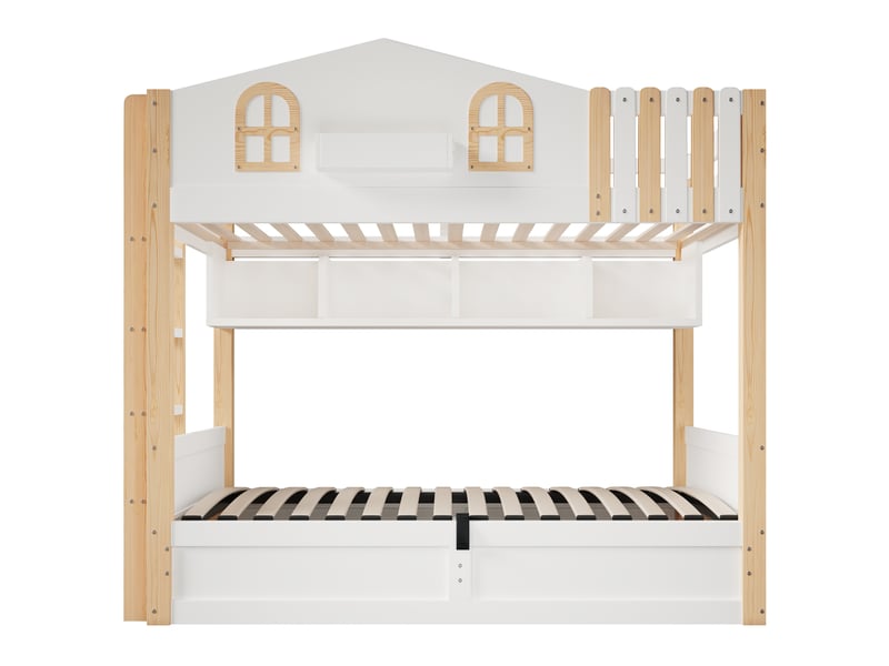  Lit superposé blanc et naturel 90 × 200 cm, led, rangement hydraulique et style maison  - Conforama A