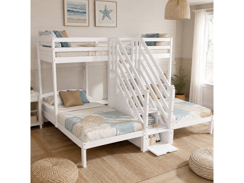Lit superposé enfant 90x200 cm, 3 couchages, pin blanc, échelle à tiroirs - Conforama B