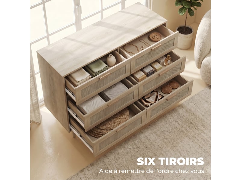  Commode 6 tiroirs meuble de rangement avec tissage en rotin dim. 110l x 40l x 75h cm aspect clair bois  - Conforama A