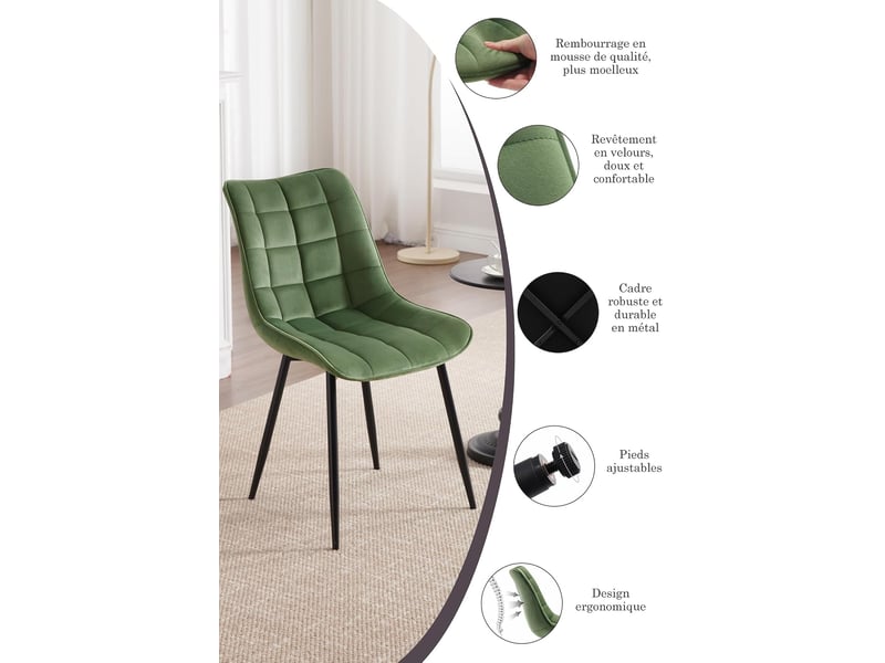  8 x chaises de salle à manger, chaise de cuisine, siège en velours, pieds en métal, vert  - Conforama E