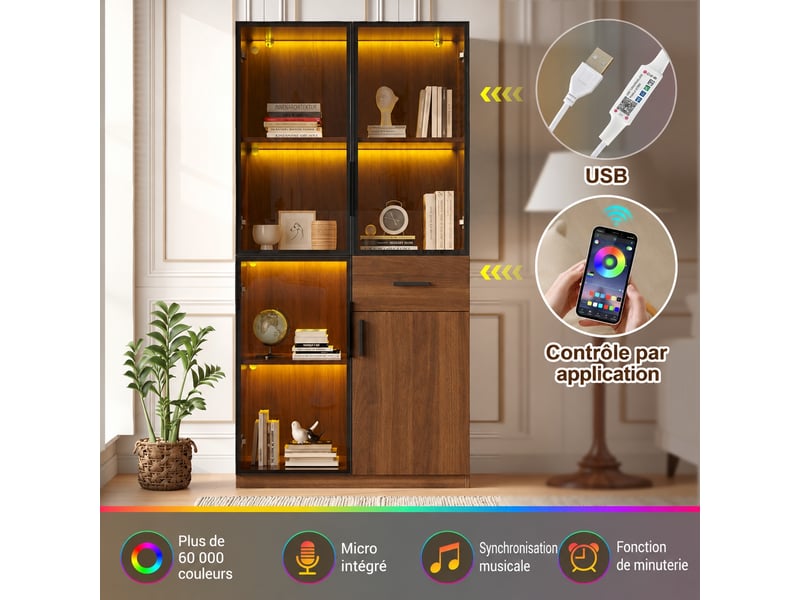 Vitrine avec éclairage led pour salon, 4 portes vitrées, 1 tiroir, mdf, aspect bois naturel, 80 x 35 x 160 cm  - Conforama D