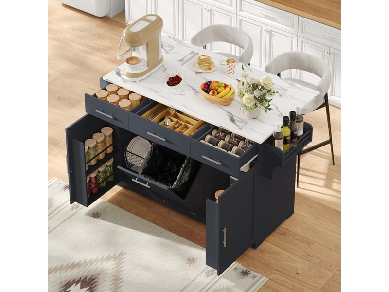  Desserte de cuisine avec 3 tiroirs, 2 portes, poubelle intégrée, prises usb et roulettes, pour cuisine et salle à manger  - Conforama B
