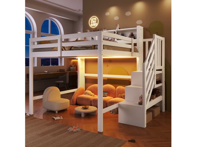  Lit mezzanine enfant 140x200 cm avec led et escalier de rangement, grand espace sous le lit, mdf, blanc, sans matelas  - Conforama B