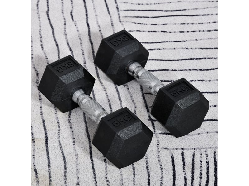  Haltères hexagonaux 2 x 6 kg – noir – fonte revêtue de caoutchouc et poignées moletées antidérapantes  - Conforama B