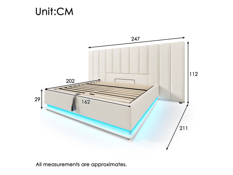  Lit coffre 160 × 200 cm 2 places avec led, usb-c et rangement hydraulique, matelas inclus, pu blanc  - Conforama D
