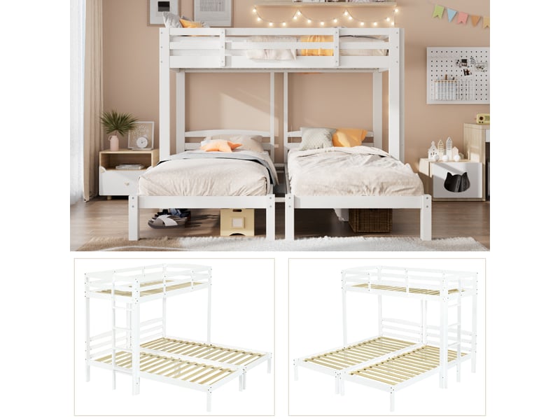  Lit superposé triple enfant 200×90 cm, 3 couchages, échelle latérale réversible, rangement, sans matelas, en pin blanc  - Conforama E
