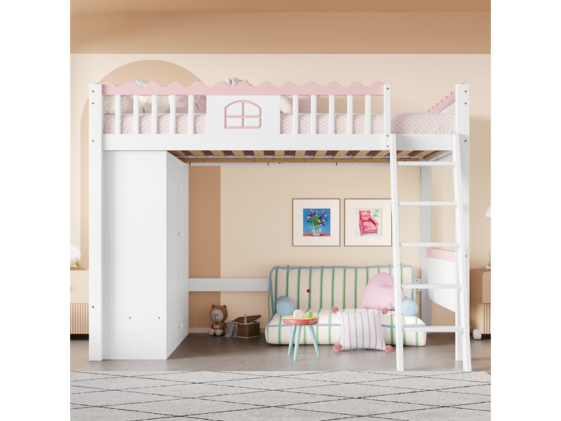 Lit mezzanine enfant avec led, armoire et tiroir, pin blanc, 90x200 cm - Conforama B
