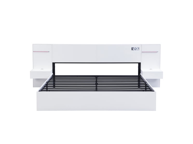  Lit double 180 x 200 cm, en bois, avec port usb, réveil électronique, enceinte bluetooth, bande lumineuse colorée, matelas intégré, 2 tables de chevet (sans tiroirs), matelas non inclus, blanc  - Conforama E