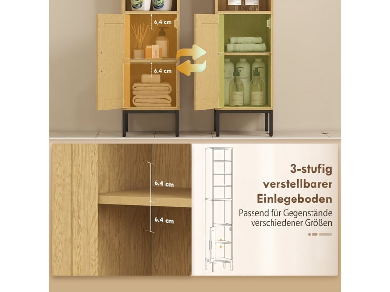  Meuble de salle de bain haut et étroit avec étagères ouvertes et réglables, finition effet bois naturel.  - Conforama C