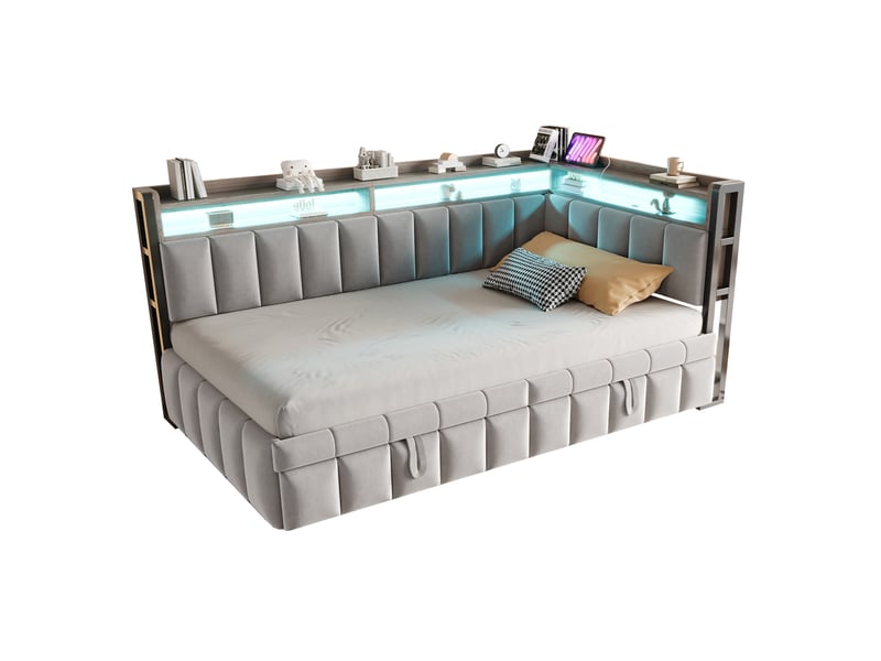 Lit banquette 90x200 cm – gris clair – lit gigogne, éclairage led réglable, ports usb et usb-c - sans matelas - Conforama A