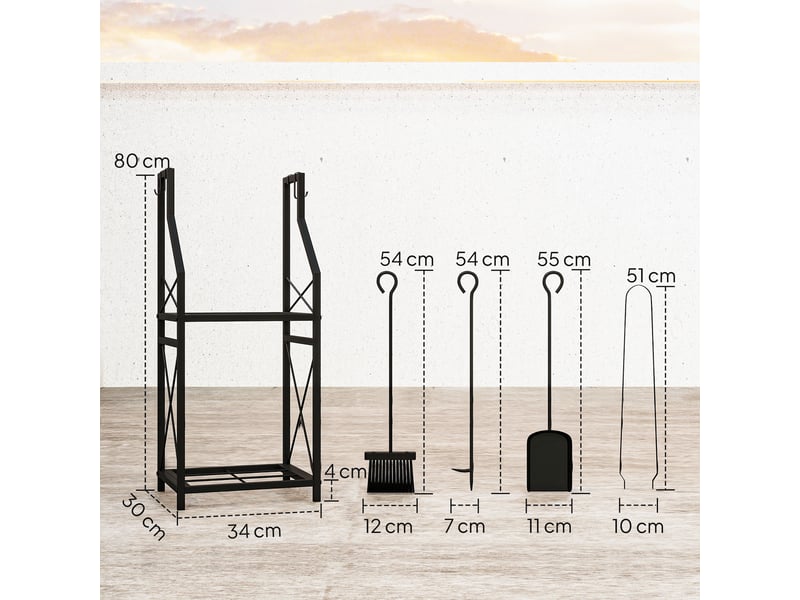  Porte-bûches métallique deux niveaux avec 4 outils, noir, 34 x 30 x 80 cm, charge 60 kg  - Conforama E