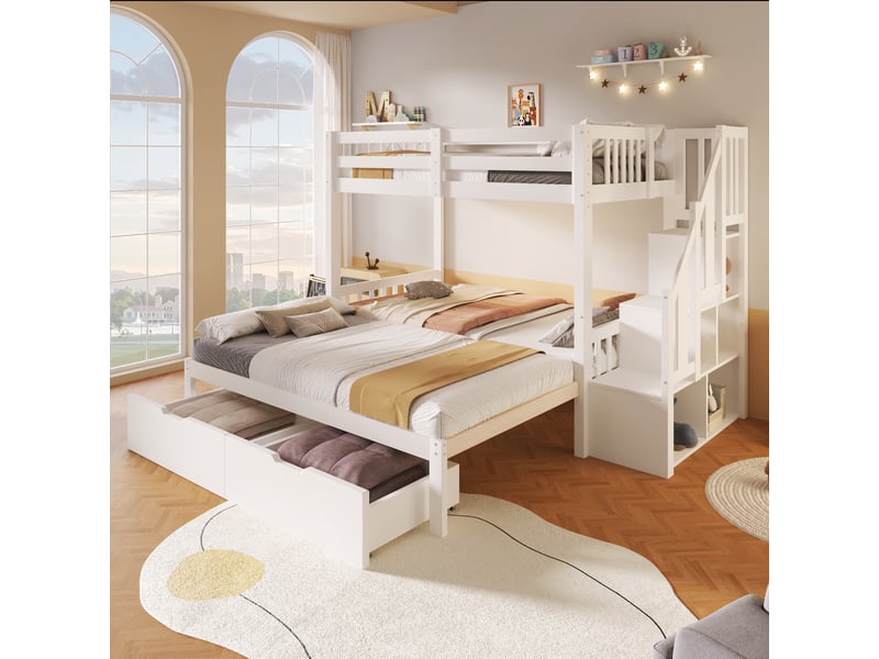 Lit superposé 90x200 cm avec lit gigogne, escalier de rangement, 2 tiroirs, sommiers à lattes, pin et mdf, blanc OMNIGLINT TRADING LTD - Conforama B