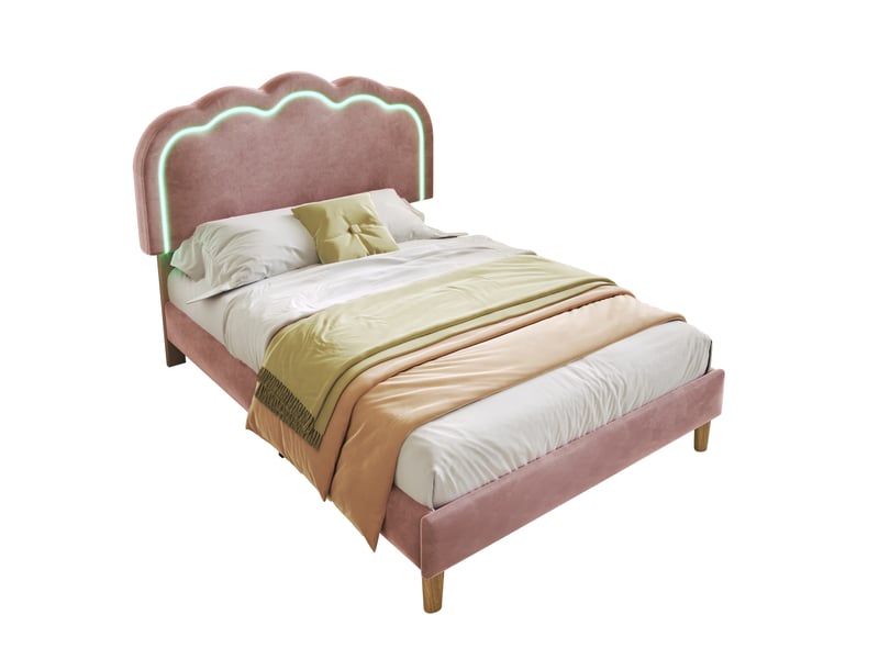  Lit simple led 90x200 cm en velours rose avec tête de lit réglable  - Conforama A