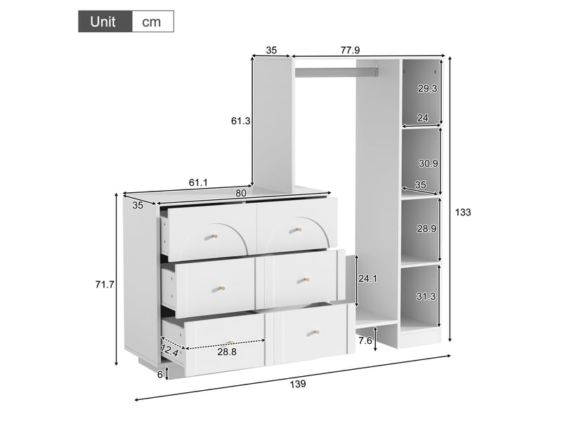  Armoire ouverte multifonctionnelle avec penderie, 6 tiroirs, blanche, 139 x 35 x 133 cm  - Conforama C