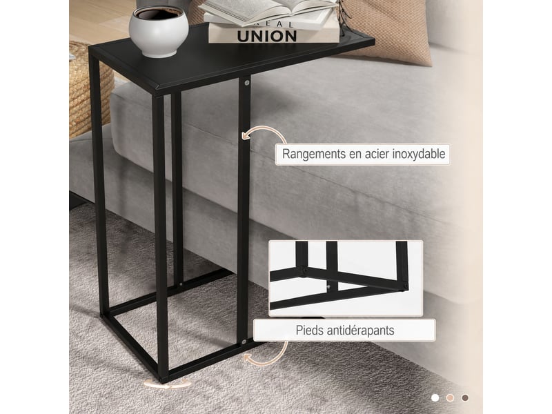  Table d'appoint en forme de c, bout de canapé noir avec cadre en acier robuste, table pour ordinateur portable, 46x26x60 cm.  - Conforama D