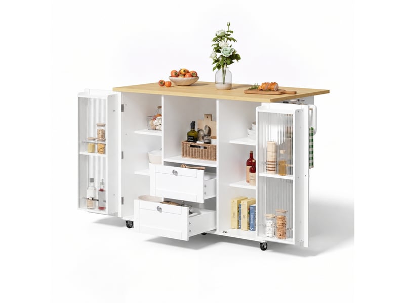  Îlot de cuisine sur roulettes avec rangement et plan rabattable, 2 tiroirs, blanc et bois naturel  - Conforama A