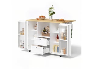 Îlot de cuisine sur roulettes avec rangement et plan rabattable, 2 tiroirs, blanc et bois naturel