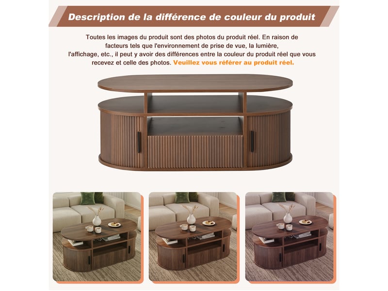  Table basse ovale 100x50 cm, bois foncé, avec tiroir push-to-open et portes à rideau, table basse style rétro.  - Conforama W