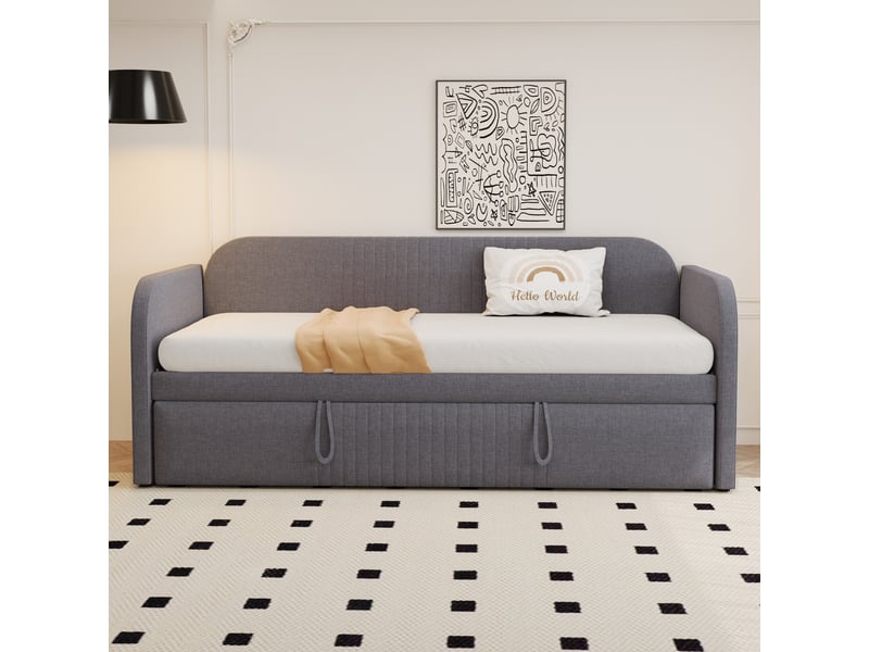  Lit gigogne rembourré 90/180 x 190 cm en tissu effet lin gris, sommier à lattes, dossier à bandes verticales, matelas non inclus  - Conforama D