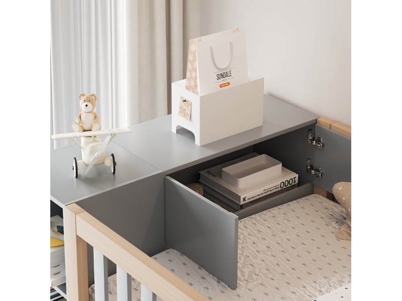  Lit mezzanine 90x200 cm rangement dressing, escalier sécurisé, 15 lattes bois gris et bois naturel sans matelas  - Conforama E