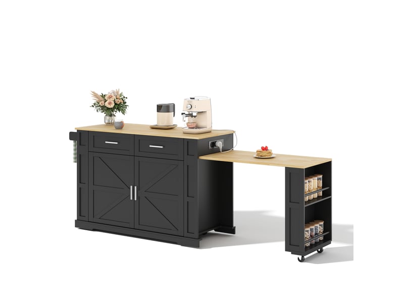  Îlot de cuisine à roulettes plateau extensible 2 tiroirs noir et chêne 130x50x93 cm N635P4044192021S - Conforama A