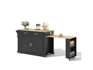 Îlot de cuisine à roulettes plateau extensible 2 tiroirs noir et chêne 130x50x93 cm
