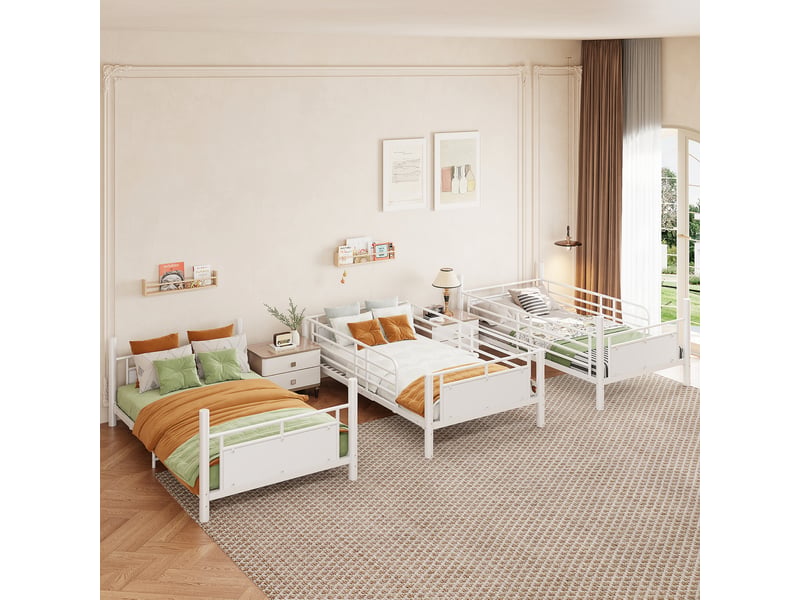 Lit superposé enfant 3 places 90×200 cm, 2 échelles et structure modulable - okmyhome- métal blanc, sans matelas  - Conforama C