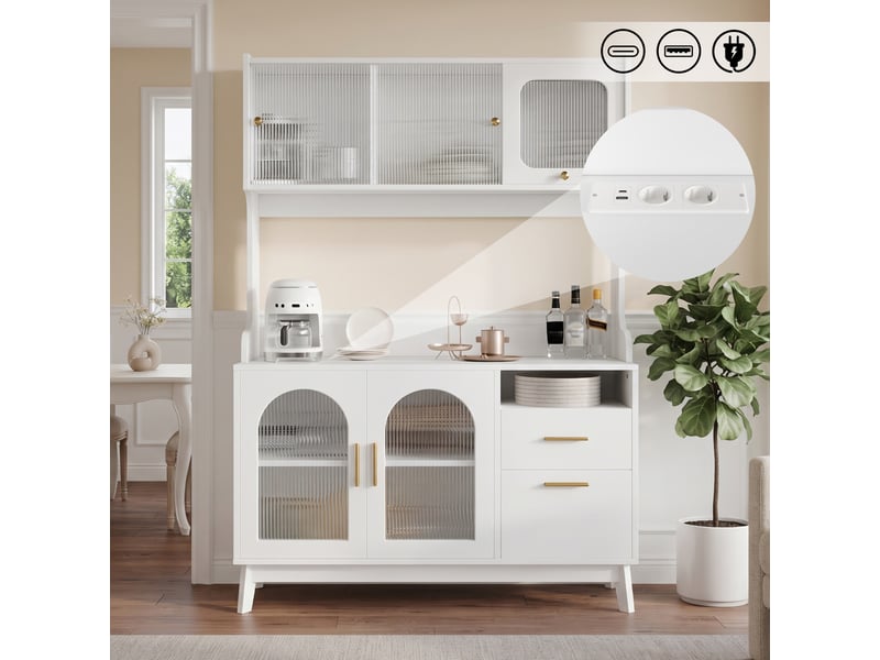  Buffet haut de rangement avec 5 portes, 1 tiroir, niche ouverte, prises et ports usb intégrés blanc 120 × 40 × 178 cm  - Conforama B