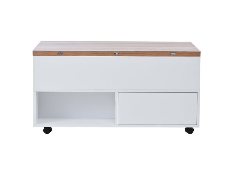  Table basse 100 x 50 x 52 cm à 4 roulettes, table de salon multifonctionnelle avec 4 tiroirs, table basse relevable, table d'appoint réglable en hauteur, table de salle à manger avec espace de rangement, coloris blanc et bois  - Conforama D
