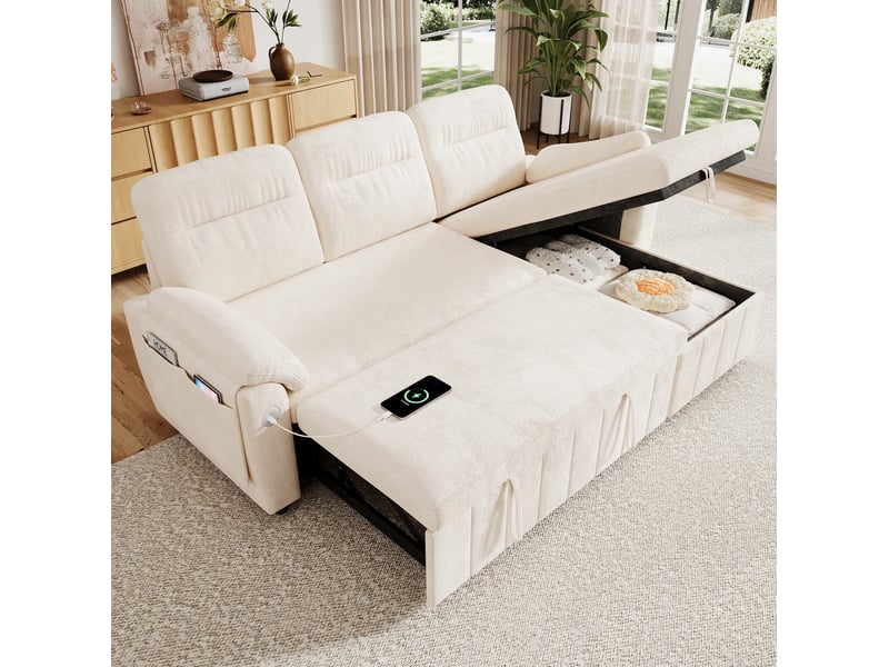  Canapé d’angle convertible 208x131x88 cm avec méridienne coloris beige  - Conforama B
