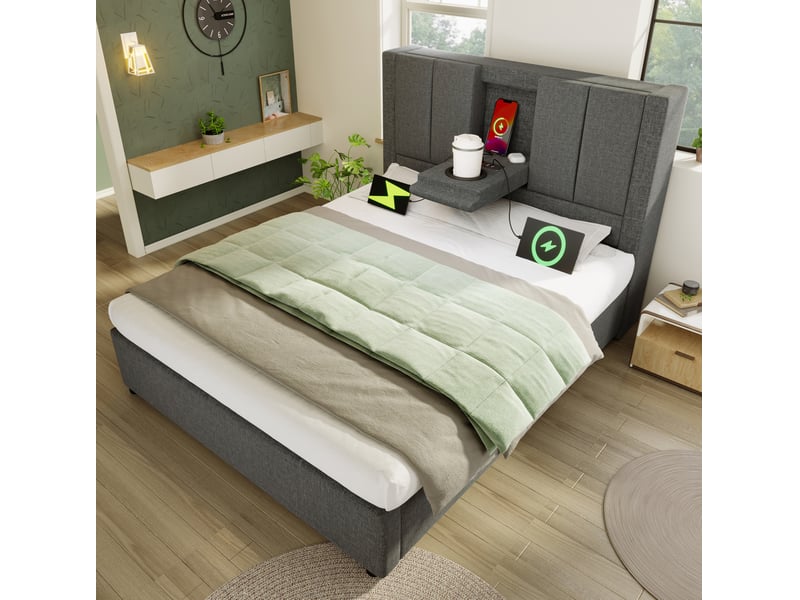 Lit coffre adulte 90x200 cm – gris – chargeur usb-c, porte-gobelet escamotable et matelas inclus - Conforama B