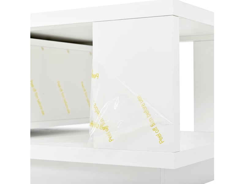  Table basse blanche avec tiroir pivotant, niche ouverte et finition brillante  - Conforama D