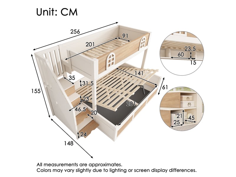  Lit superposé enfant 3 places 90×200 cm et 140×200 cm, coffre hydraulique en bois - okmyhome- sans matelas  - Conforama D