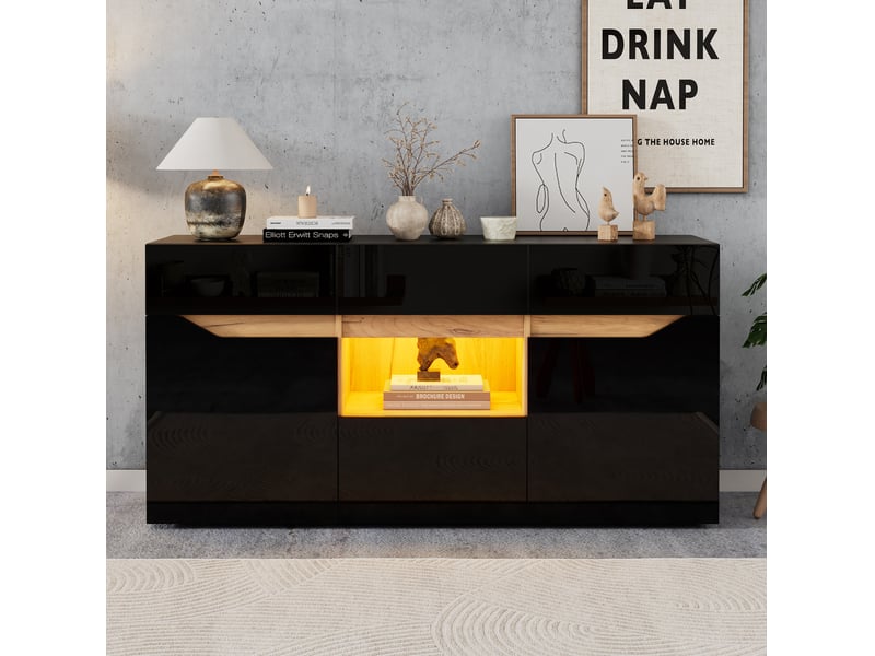  Buffet de salon noir et bois naturel avec led, 4 tiroirs et 2 placards - 140 x 40 x 70 cm  - Conforama C