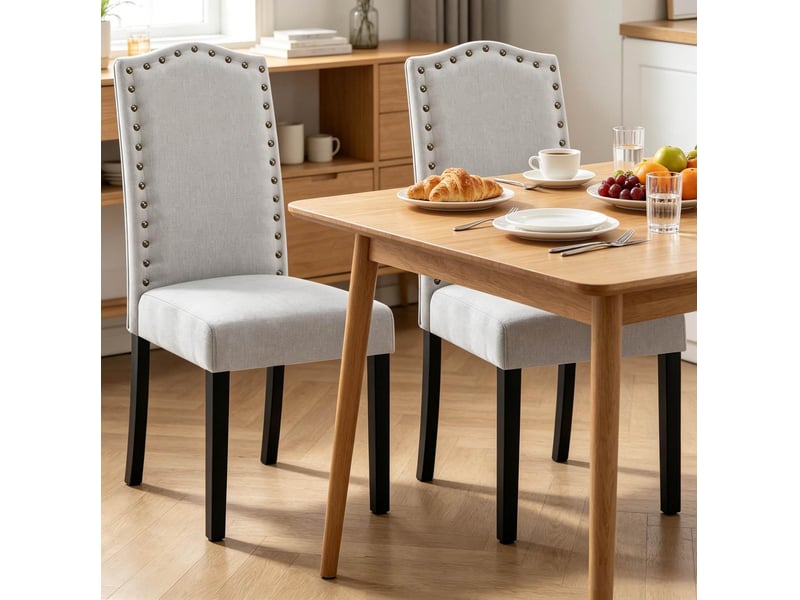 Chaise de salle à manger moderne avec haut dossier, chaise bureau gris clair en lin et bois - Conforama C