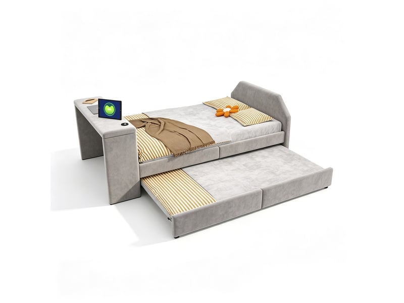  Lit jeune, coloris gris, matière velours, couchage 90x200 cm, dimensions : 236 x 98.5 x 75.5 cm  - Conforama A