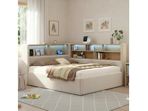 Lit coffre 140x200 cm avec led et usb type-c, lit double avec sommier et tête de lit, velours beige, sans matelas