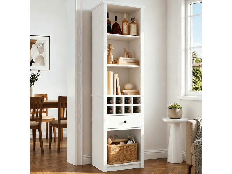  Vitrine haute led 55x40x200 cm, 12 compartiments, 1 tiroir, rangement ouvert sans porte, mdf, mat blanc  - Conforama B