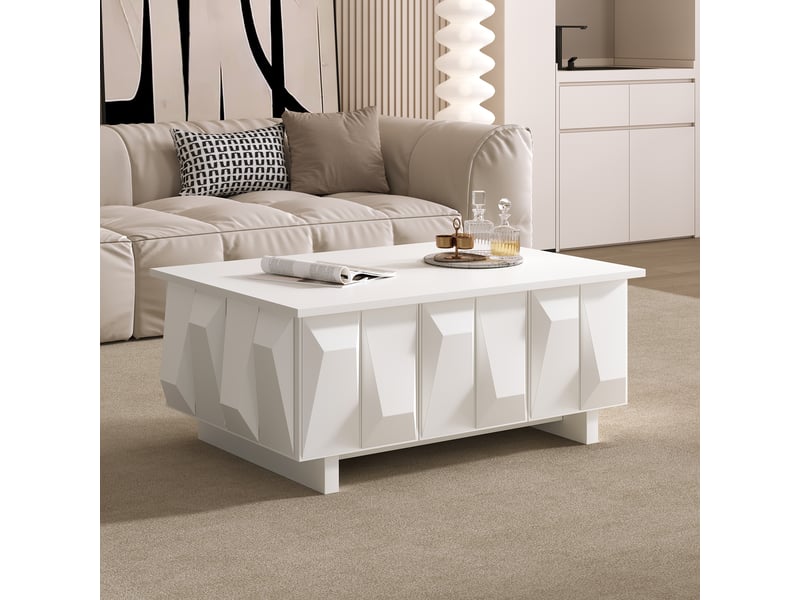 Table basse avec rangement, meuble de salon blanc en bois avec 3 portes, design moderne avec façades 3d pour salon, 95x67x39.5 cm. - Conforama E