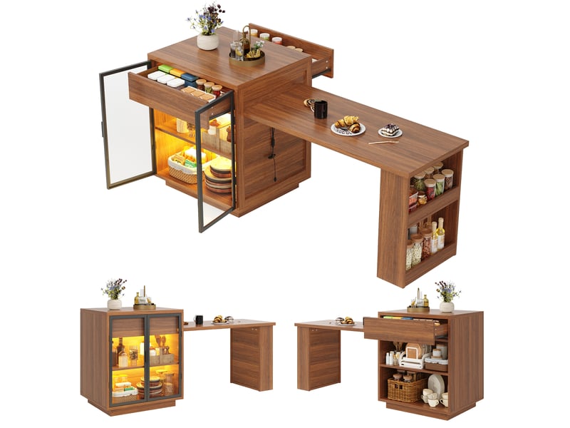  Îlot de cuisine table extensible 122–194,5 cm - led avec application et usb - tiroir et vitrine - mdf et métal - marron CozyNest - Conforama A