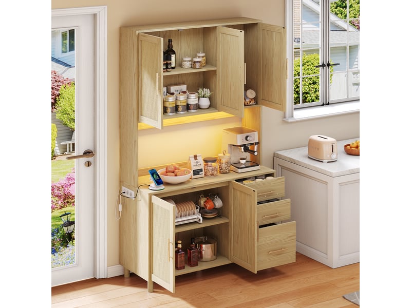  Buffets bahuts - buffet haut moderne avec lumières led, connexion bluetooth, 2 usb, 2 prises et rangement fonctionnel - naturel  - Conforama D